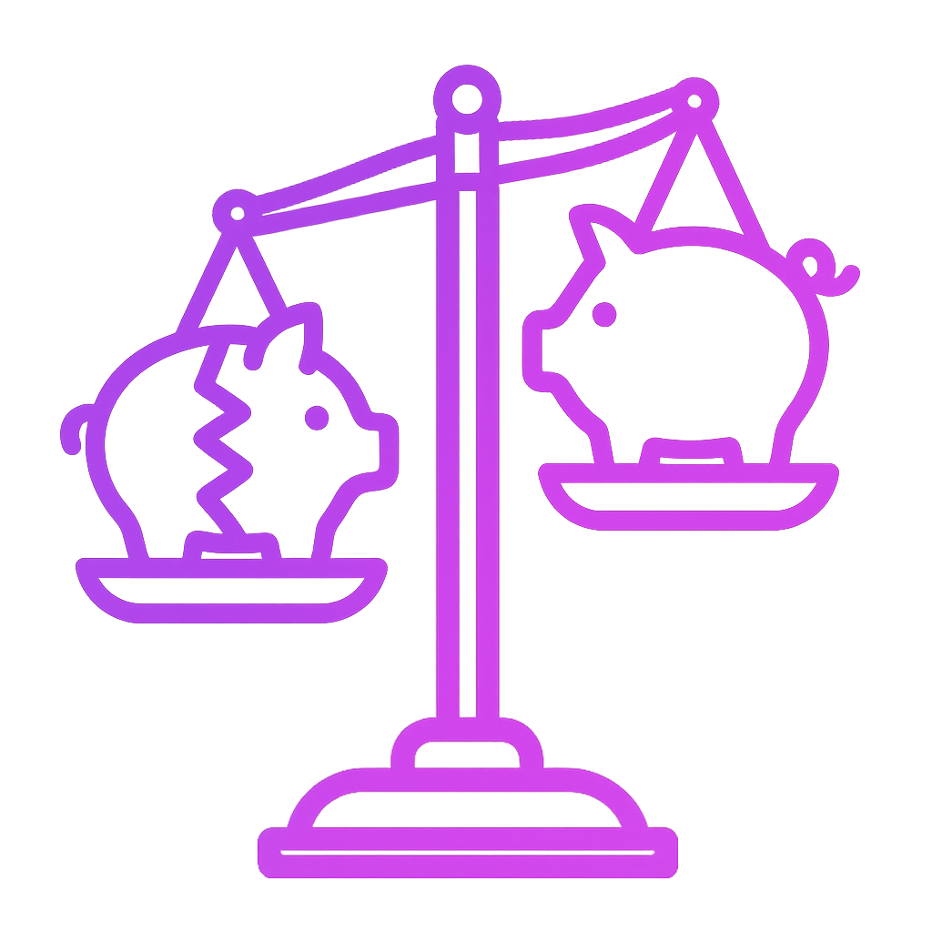 A purple outline of a balance scale with a cracked piggy bank on the left side and an intact piggy bank on the right side, illustrating a comparison between financial loss and savings.