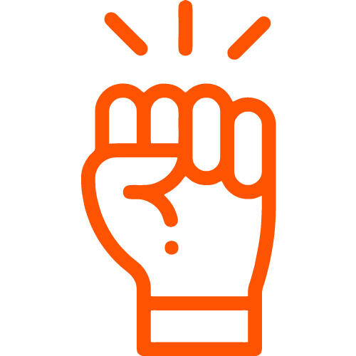 Orange outline of a raised clenched fist, with three lines above it suggesting strength, power, or solidarity, on a transparent background.