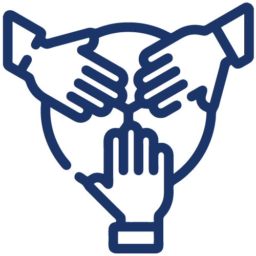 A simple blue line drawing of three hands forming a triangle, each hand touching the wrist of the next, representing teamwork and unity, enclosed within a partial circle.