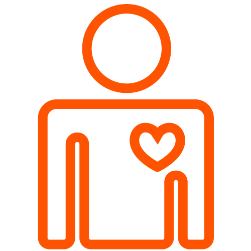 Simple orange outline of a person with a heart shape on their chest, symbolizing care, love, or health.