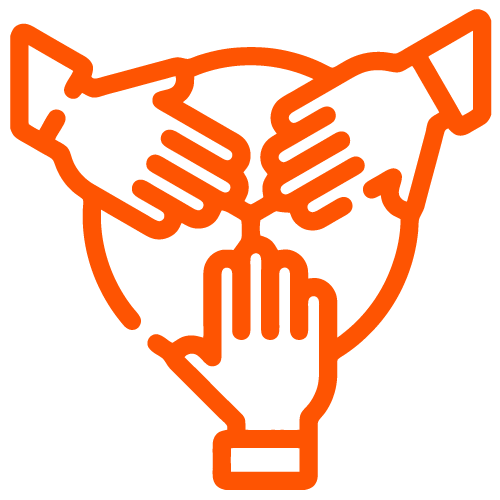 An orange outline of three hands coming together in a circle, symbolizing teamwork, unity, or collaboration.