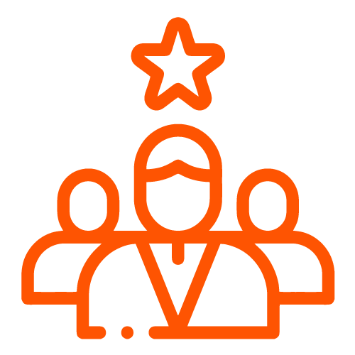 An orange outline icon of three people, with one person in front and a star above their head, representing leadership or recognition.