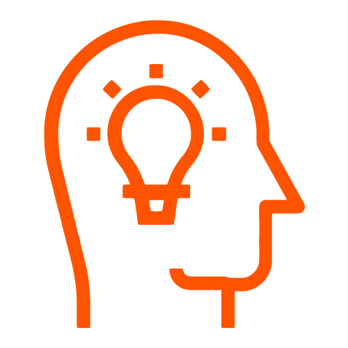 An orange outline of a human head in profile with a lightbulb inside, symbolizing a bright idea or creativity. Four lines around the bulb suggest illumination or inspiration. The image has a black background.