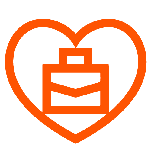 An orange outline of a heart shape surrounds an orange outline of a briefcase, symbolizing a love for work or career.