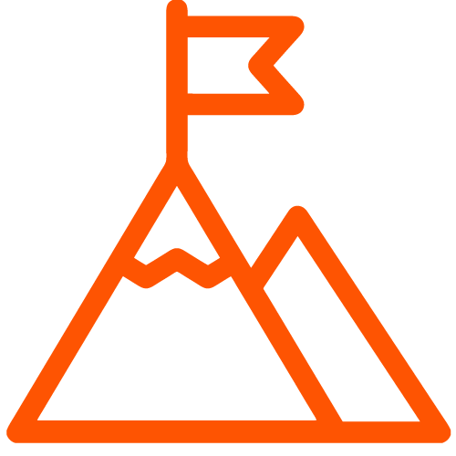 An orange outline of two mountains, one larger with a flag on its peak, symbolizing achievement or reaching a goal.