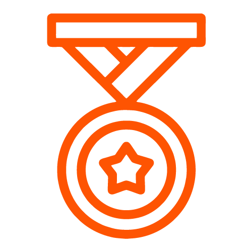 An orange outline icon of a medal with a star in the center and a ribbon above it, symbolizing an award or achievement.