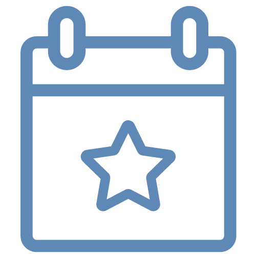Blue outline of a calendar with a star symbol in the center, indicating a special event or important date.