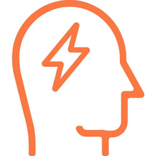 An orange outline of a human head in profile with a lightning bolt symbol inside, representing a concept such as headache, migraine, brain activity, or mental energy.