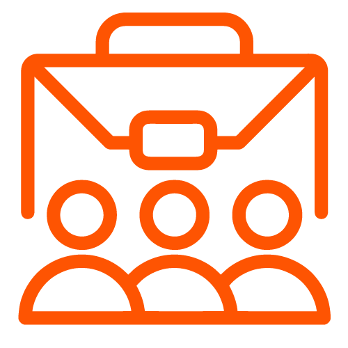 An orange outline of a briefcase above three stylized human figures, representing a business team or workforce.