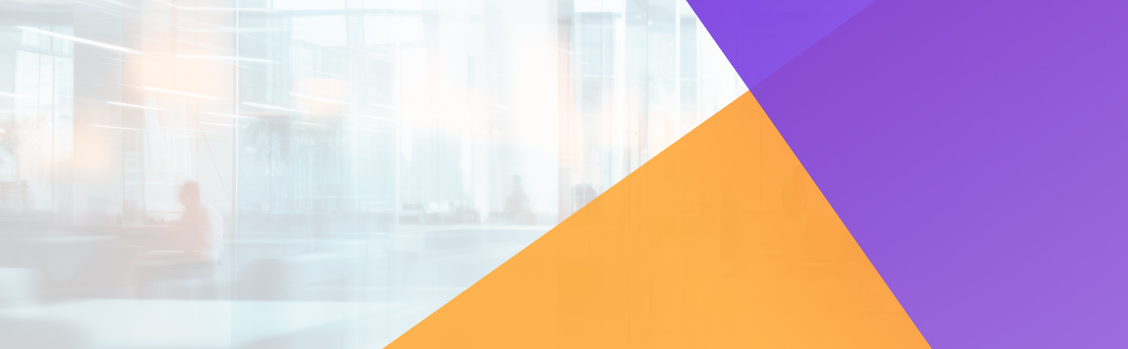 A blurred modern office background with large windows is overlaid by two intersecting geometric shapes: a purple triangle in the top right and an orange triangle in the lower right.