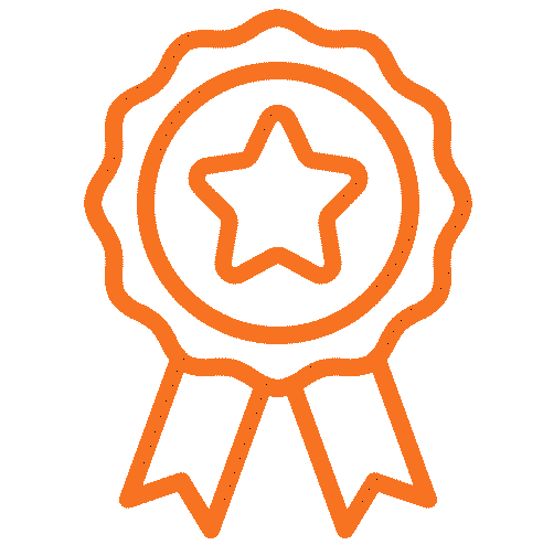 An orange outline illustration of an award ribbon with a star in the center and two tails hanging below.