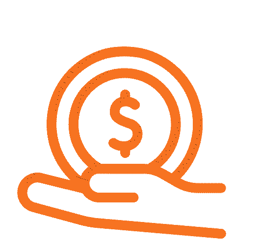 An orange outline of a hand holding a coin with a dollar sign in the center, symbolizing money, payment, or financial support.