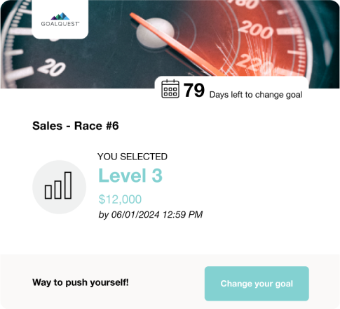 A dashboard shows 79 days left to change a sales goal. The user selected Level 3 with a target of $12,000 by 06/01/2024 at 12:59 PM. A blurred speedometer image is in the background.