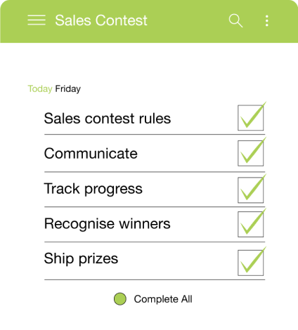 A checklist titled Sales Contest with five completed tasks: sales contest rules, communicate, track progress, recognise winners, and ship prizes. All tasks have green check marks. A green check indicates Complete All.