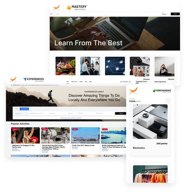 A collage of three website interfaces: one shows Learn From The Best on a laptop screen, another displays local experiences and activities, and the third features a rewards page with electronics and points.