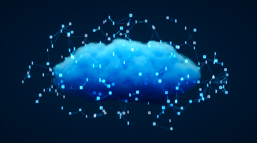 A blue cloud shape on a dark background, surrounded by interconnected digital nodes and binary numbers, symbolizing cloud computing and data networks.