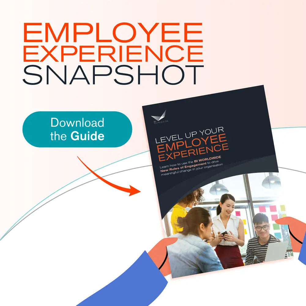 A graphic promoting an Employee Experience Snapshot guide. It shows a button labeled Download the Guide and an image of the guide cover, which features people collaborating in an office setting.