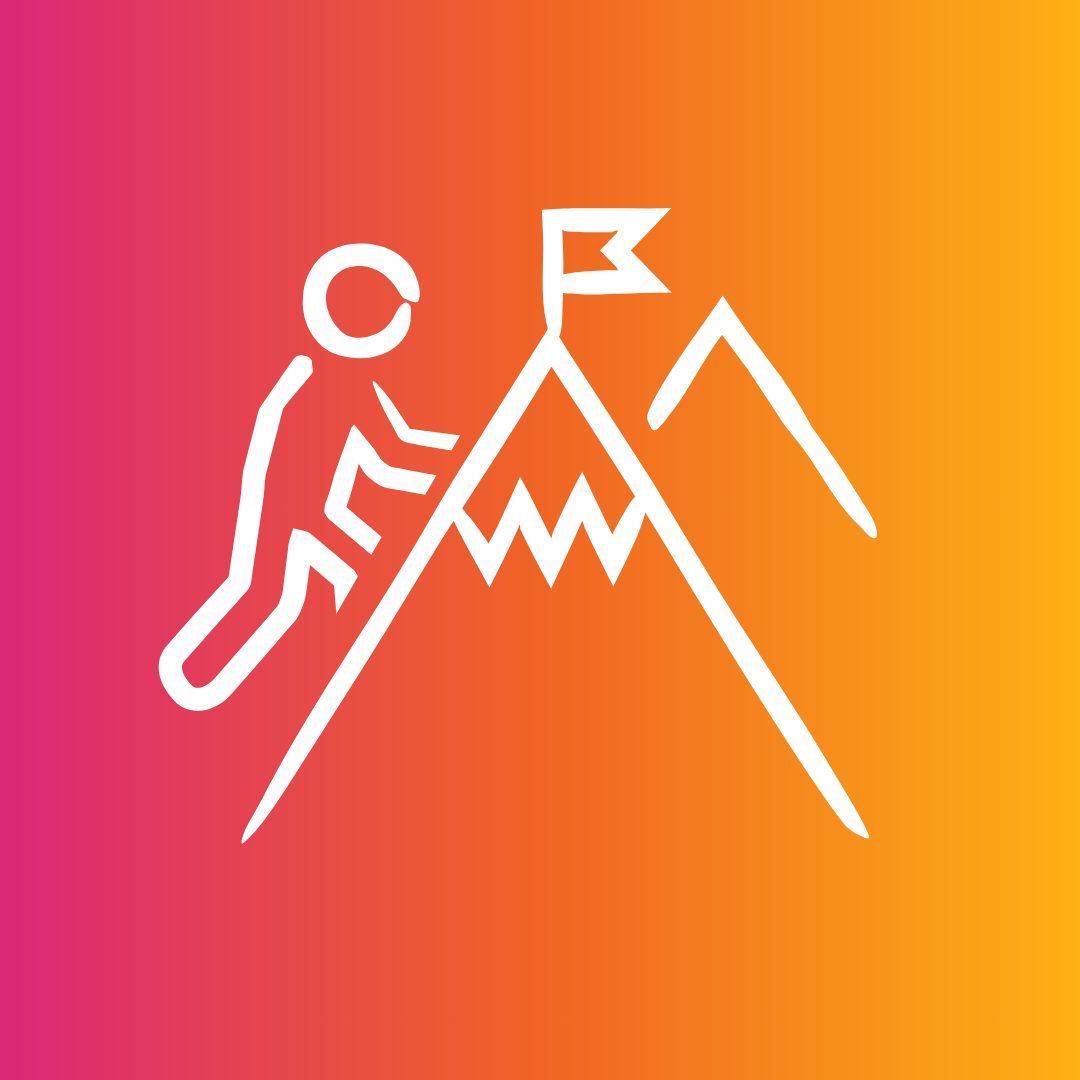 A white stick figure climbs a stylized mountain with a flag at the summit, set against a pink, orange, and yellow gradient background. Another mountain outline appears to the right.