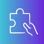 A white outline of a hand holding a puzzle piece is centered on a blue to purple gradient background.