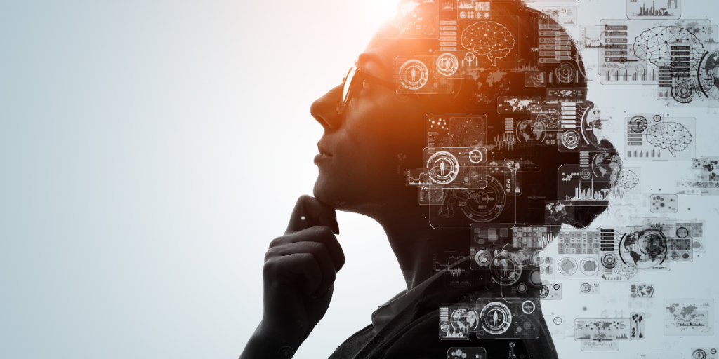 Silhouette of a woman with glasses, hand on chin in thought. Her silhouette blends into circuit-like digital interfaces, suggesting technology and innovation. Background is light and abstract.