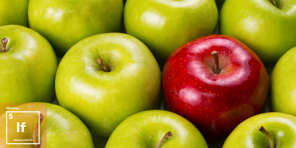 A collection of green apples with one red apple in the center, creating a visual contrast. The corner displays the text: What if... 5 If idearoute.fit in a white box.