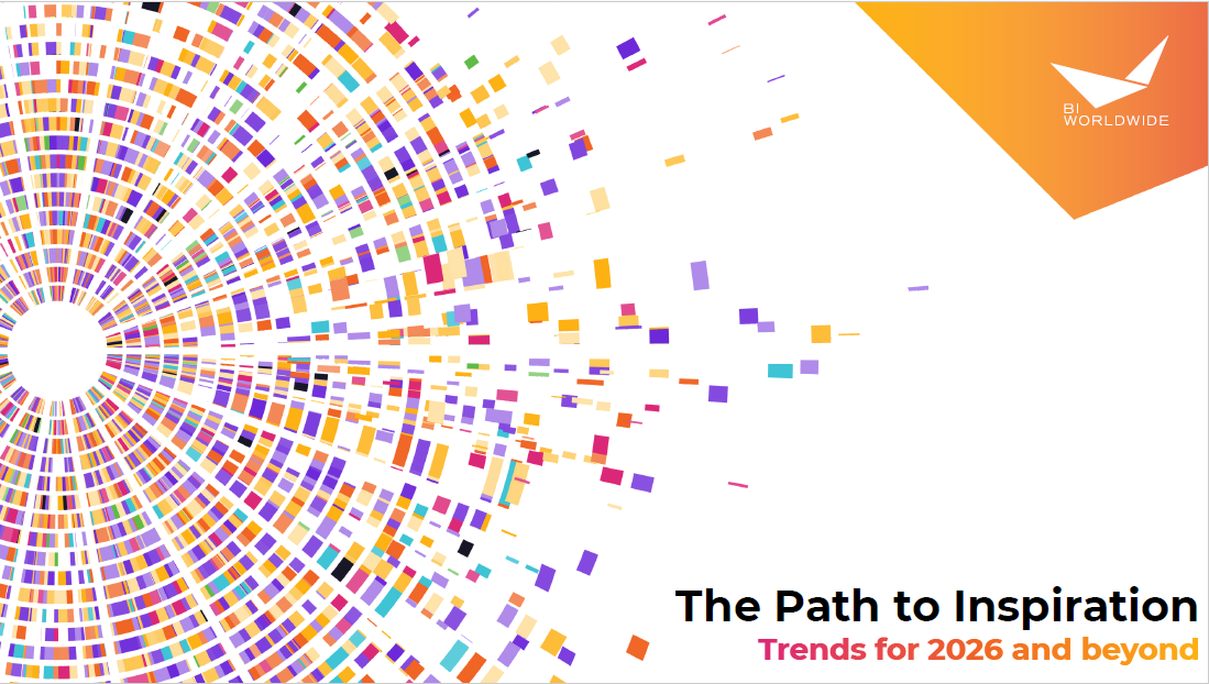 Colorful, radiating semicircle mosaic pattern on the left fades into scattered rectangles. Top right has BI Worldwide logo on orange. Bottom right reads: “The Path to Inspiration—Trends for 2026 and beyond.”.