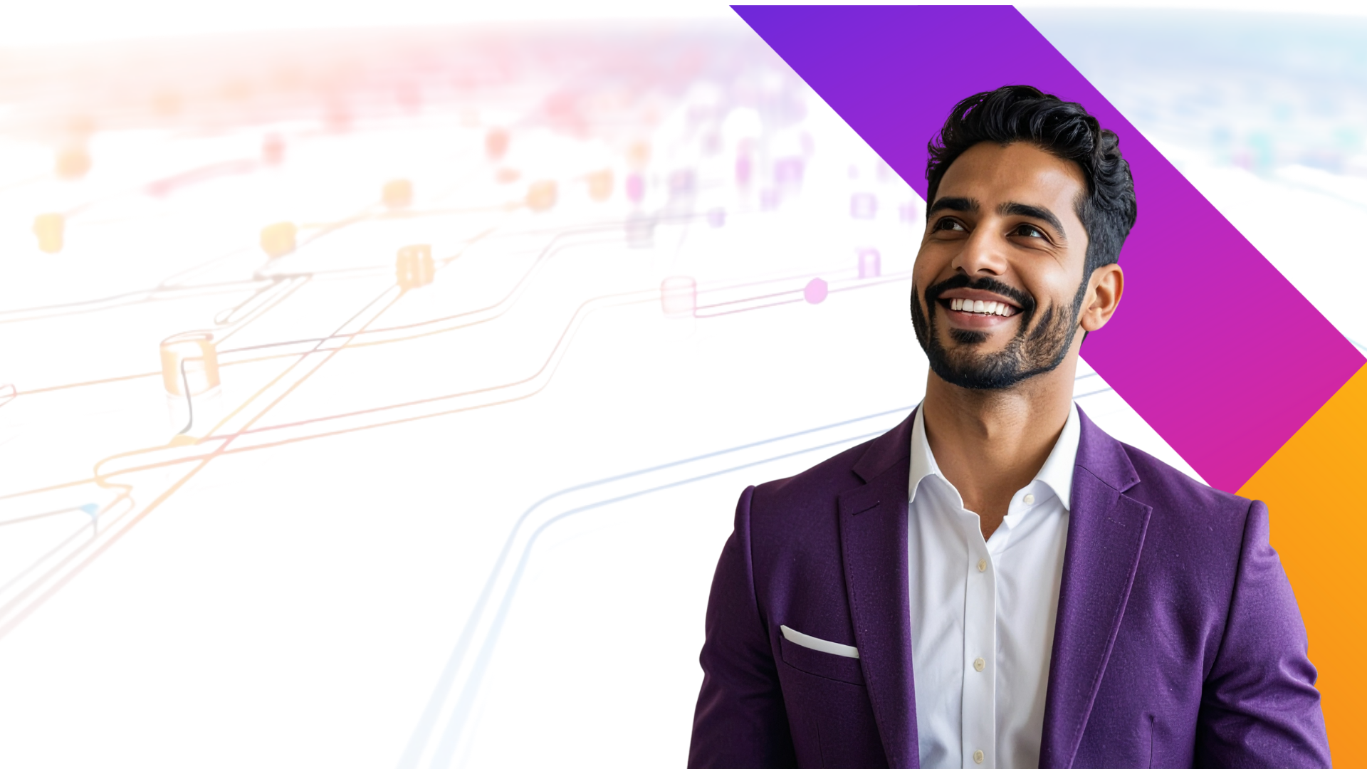 A smiling man in a purple blazer stands in front of a modern, abstract background with colorful lines and shapes, evoking technology and innovation.