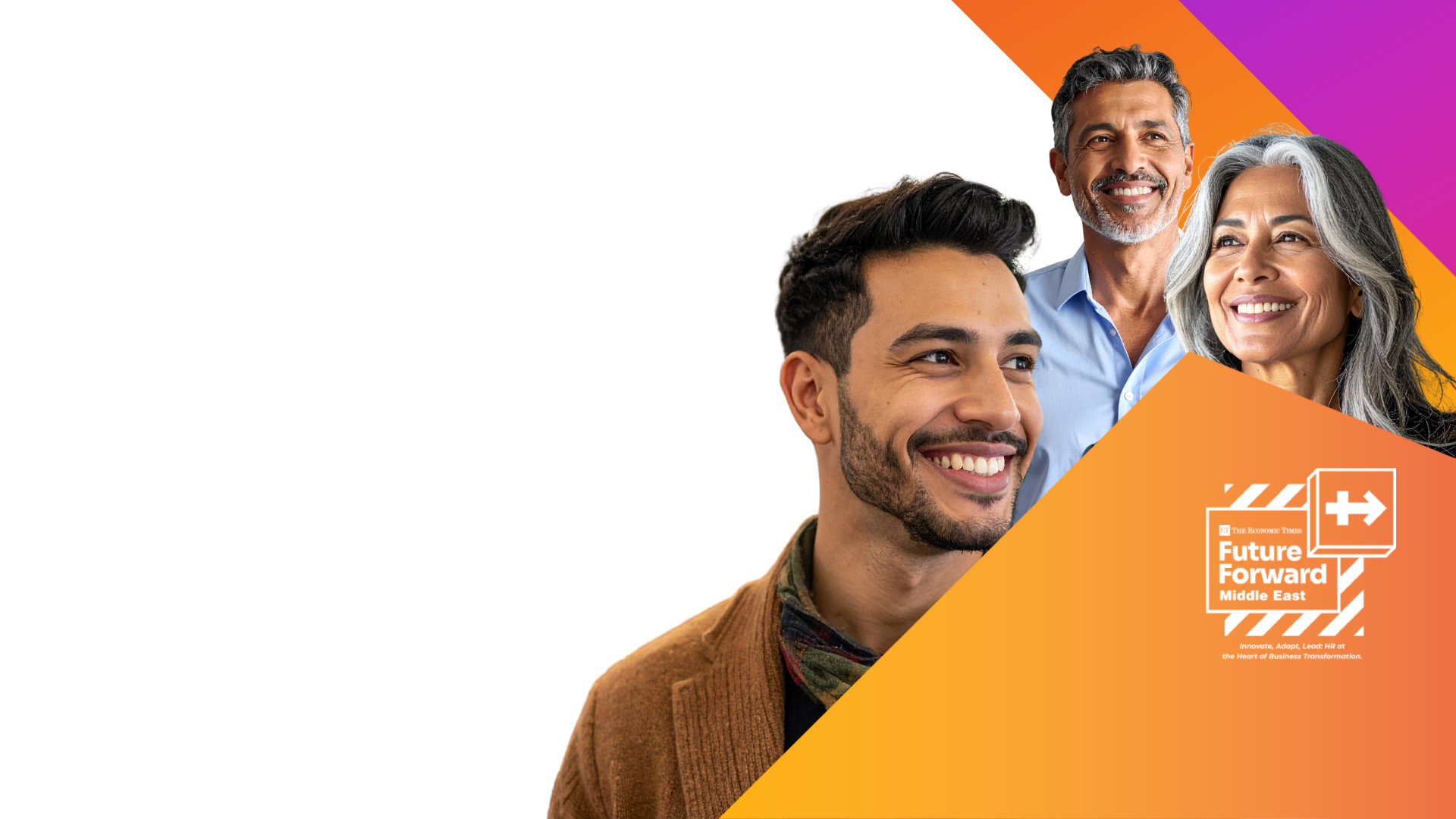Three smiling people of different ages stand together against a white and orange geometric background with the Future Forward Middle East logo in the corner.