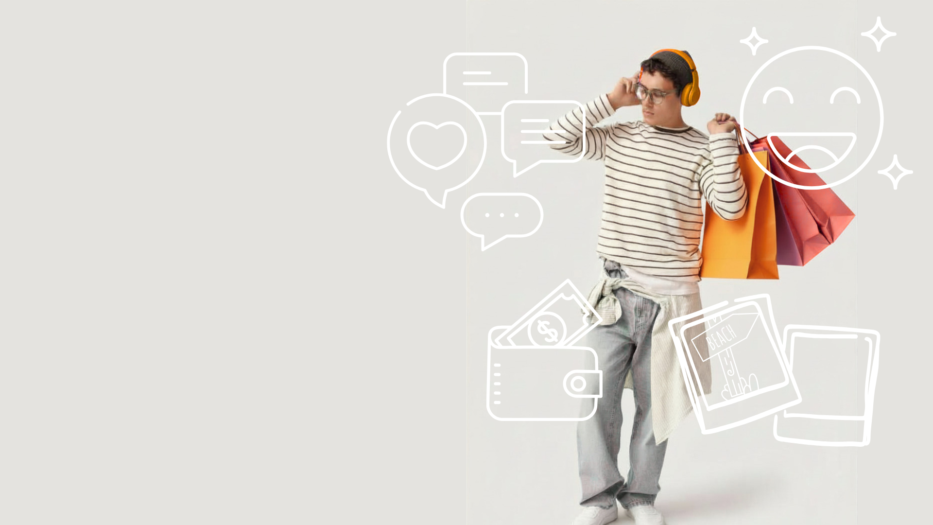 A person wearing headphones and carrying shopping bags stands surrounded by illustrated icons, including a wallet, chat bubbles, a heart, and a smiling face, with a light grey background.