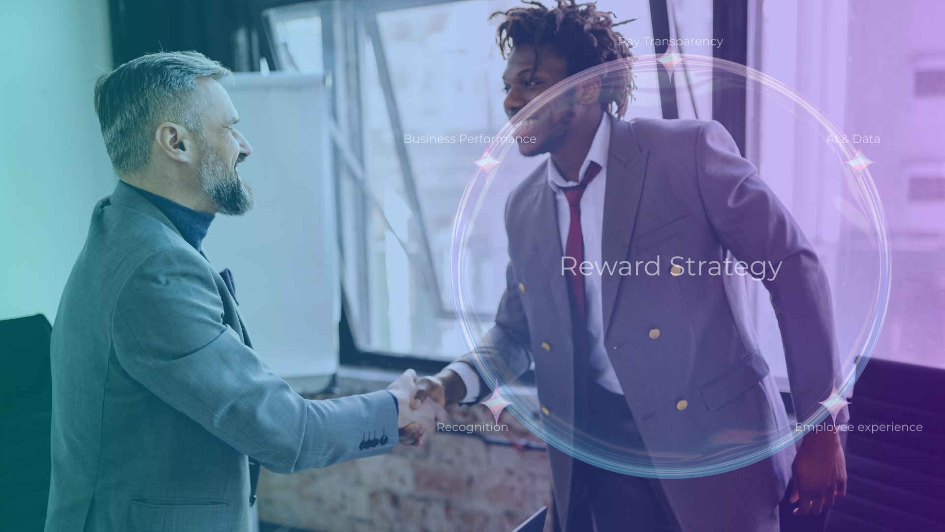 Two business professionals in suits shake hands in an office. Overlaid is a translucent circular graphic labeled Reward Strategy with keywords: Transparency, Business Performance, Recognition, AI & Data, Employee Experience.
