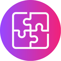 A white outline of four interlocking puzzle pieces inside a purple and pink gradient circle.