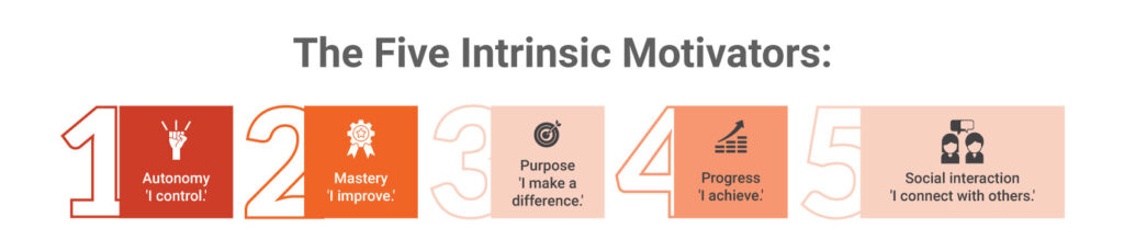 Infographic titled The Five Intrinsic Motivators: 1. Autonomy - I control, 2. Mastery - I improve, 3. Purpose - I make a difference, 4. Progress - I achieve, 5. Social interaction - I connect with others through intrinsic motivation.