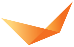 Abstract geometric shape resembling a stylized, folded origami bird in shades of orange and yellow against a black background.
