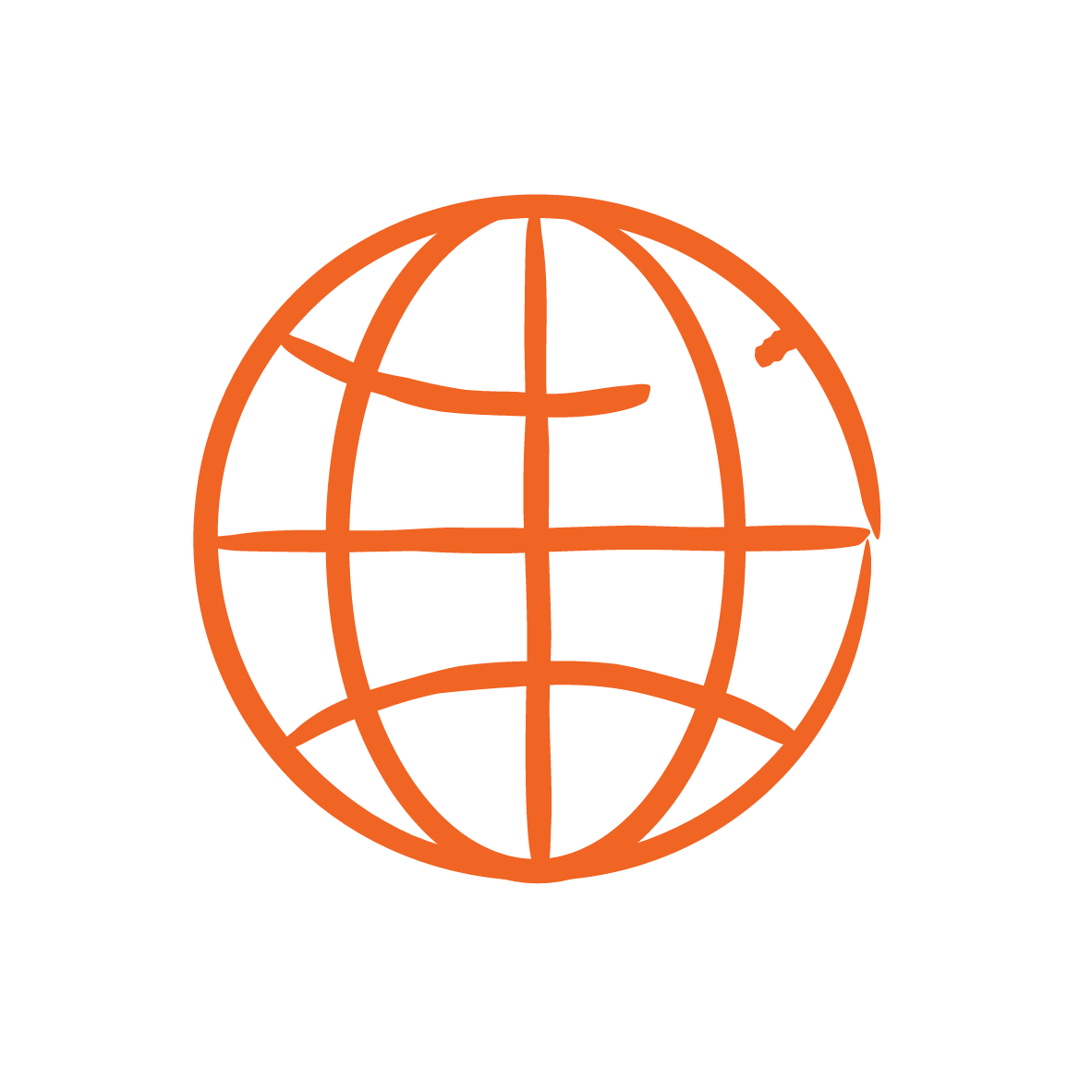 An orange globe icon is depicted with a simple outline, showcasing the meridians and parallels. The strokes are hand-drawn and uneven, adding a casual, hand-sketched appearance against a plain white background.