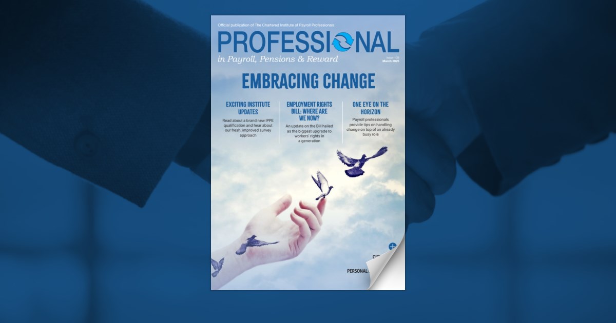 Cover of Professional magazine featuring the headline Embracing Change. A hand releases doves flying upwards. Articles include topics on employment rights and payroll updates. Blue background with a professional theme.