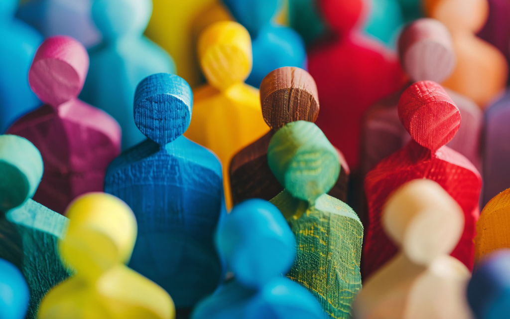 Colorful wooden figurines shaped like human silhouettes are grouped closely together, representing diversity and community. Each figurine is painted a different color, creating a vibrant and lively scene.