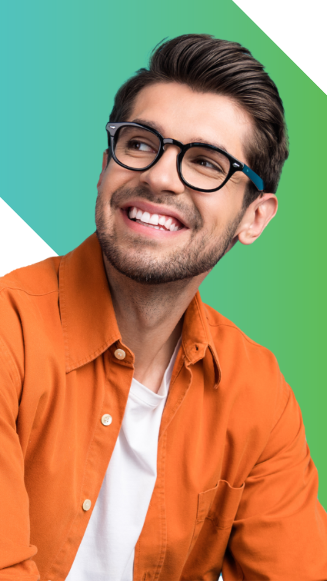 A young man with dark hair, a beard, and black glasses smiles while looking to the side. He is wearing an orange shirt over a white t-shirt, with a green and white geometric background.