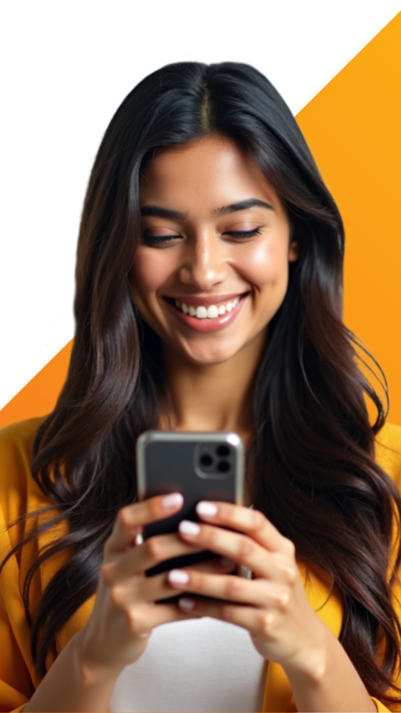 A young woman with long dark hair, wearing a yellow jacket, is smiling and looking at her smartphone against a split orange and white background.