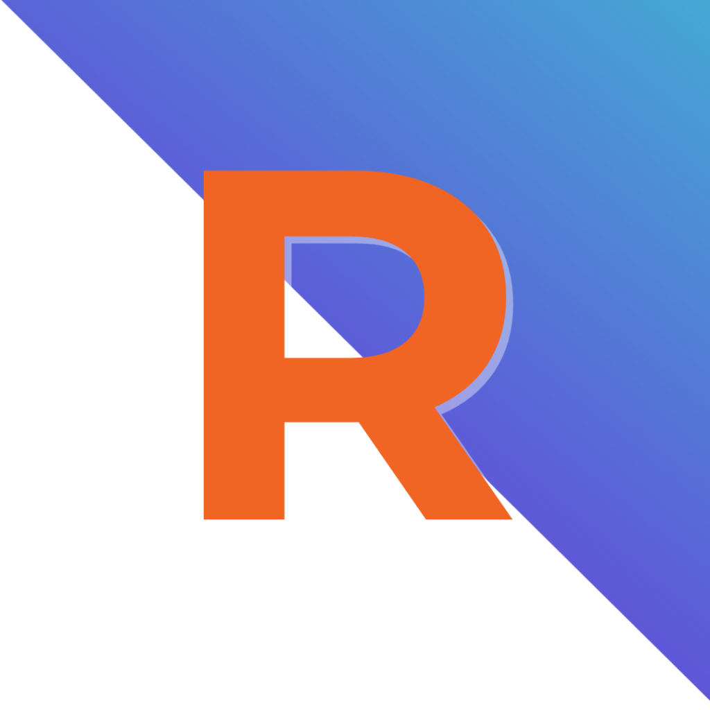 Large orange letter R centered on a background divided diagonally; the upper half has a blue gradient, and the lower half is white.