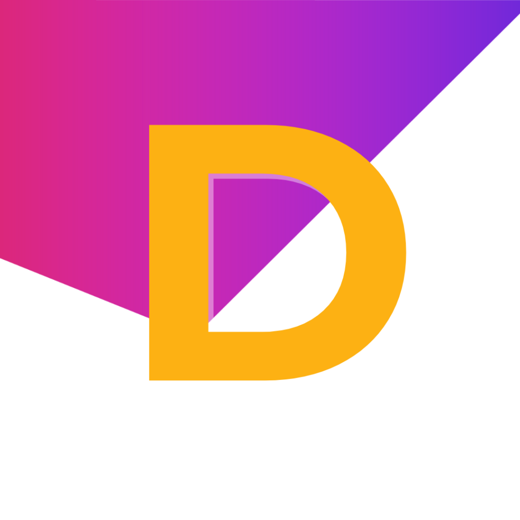 A large yellow letter D is centered on a white background, with a purple and pink geometric shape positioned behind it.
