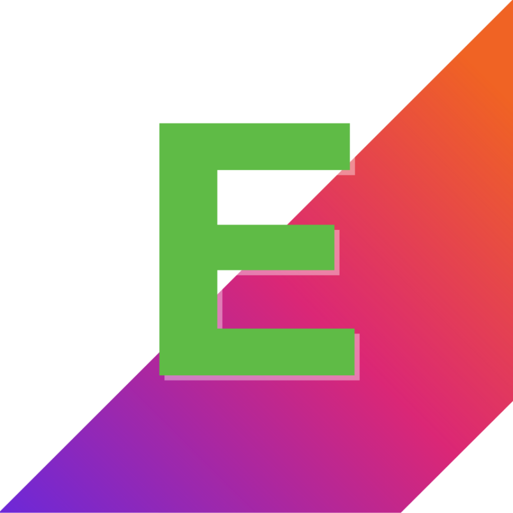 A large green letter E with a pink shadow is centered on a diagonal background that transitions from purple at the bottom left to orange at the top right.