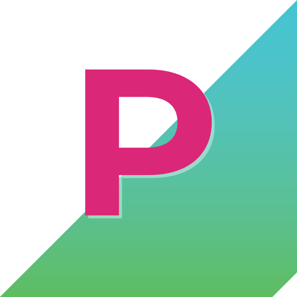 A bold pink letter P with a light blue shadow is centered on a background that transitions diagonally from green at the bottom left to blue at the top right.