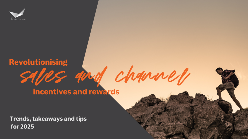 A person climbs rocky terrain at sunset; text reads, Revolutionising sales and channel incentives and rewards. Trends, takeaways and tips for 2025. The BI Worldwide logo appears in the top left corner.