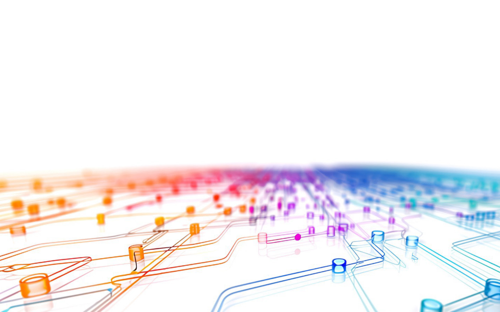 Abstract image showing interconnected, colorful lines and nodes on a white background, resembling a digital network or circuit board, with a gradient effect from orange to blue.