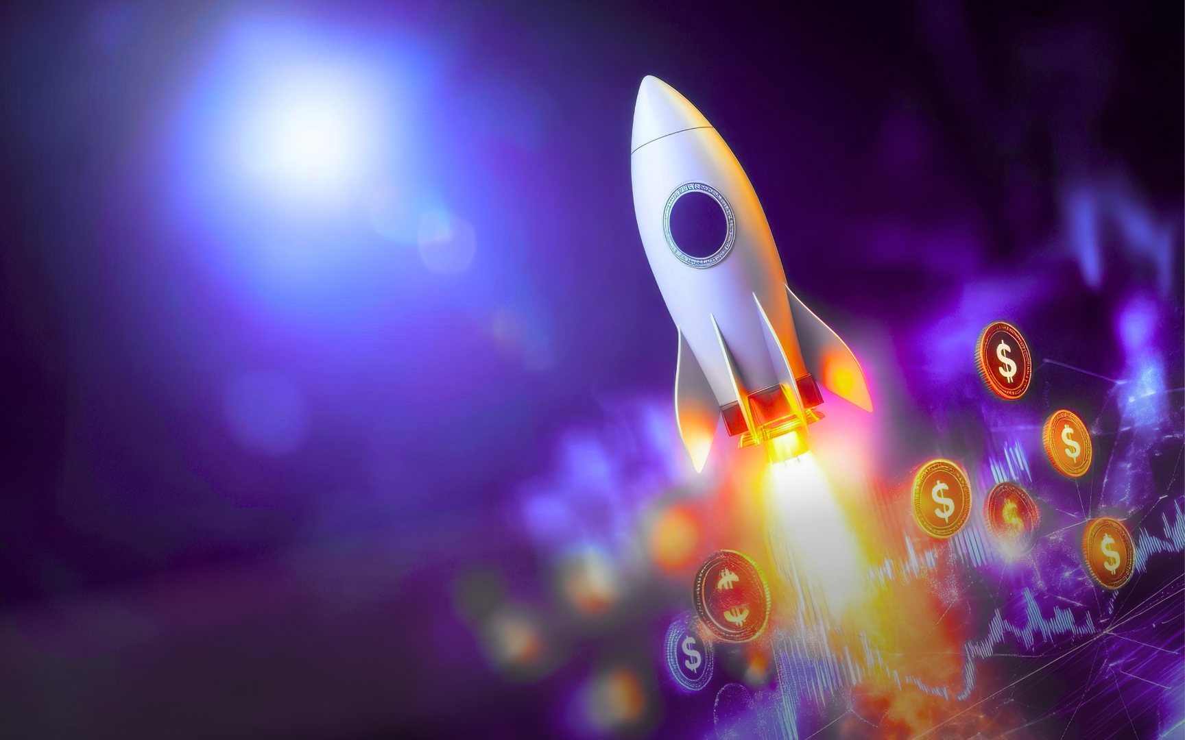 A cartoon rocket launches upward with flames, surrounded by glowing dollar coin icons and digital graphs, symbolizing financial growth and investment success against a vibrant, futuristic background.