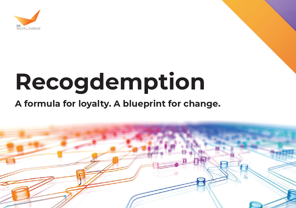 BI Worldwide logo, the word Recogdemption in bold, and the tagline A formula for loyalty. A blueprint for change. over a colorful digital circuit background with orange and purple accents in the top right corner.