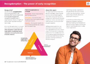 A report page titled Recognition – The power of early recognition includes text on recognition benefits, a triangular diagram labeled Recognition, Retention, Reward, and a smiling man with glasses in the bottom right corner.