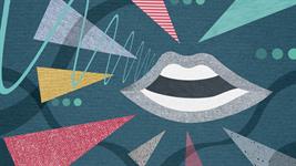 Abstract illustration of an open mouth surrounded by colorful geometric shapes and patterns, representing sound waves or communication on a blue background.