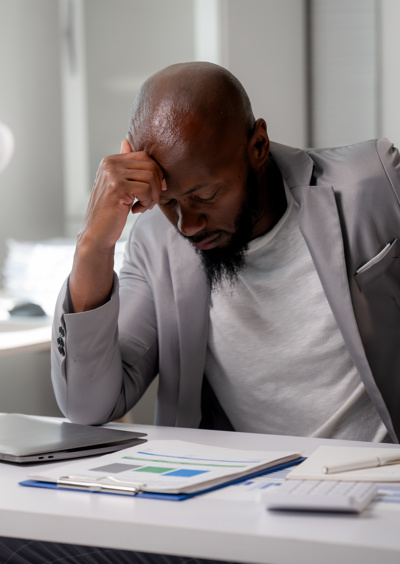 A man in a gray blazer sits at a desk with a laptop and paperwork, resting his head on his hand and appearing stressed or deep in thought.