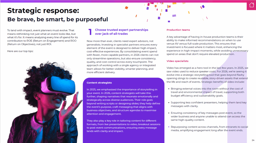 A woman wearing a VR headset stands against a blue and pink gradient background. Text discusses strategic responses in content planning, listing expert partnerships, production teams, and video specialists as key considerations.